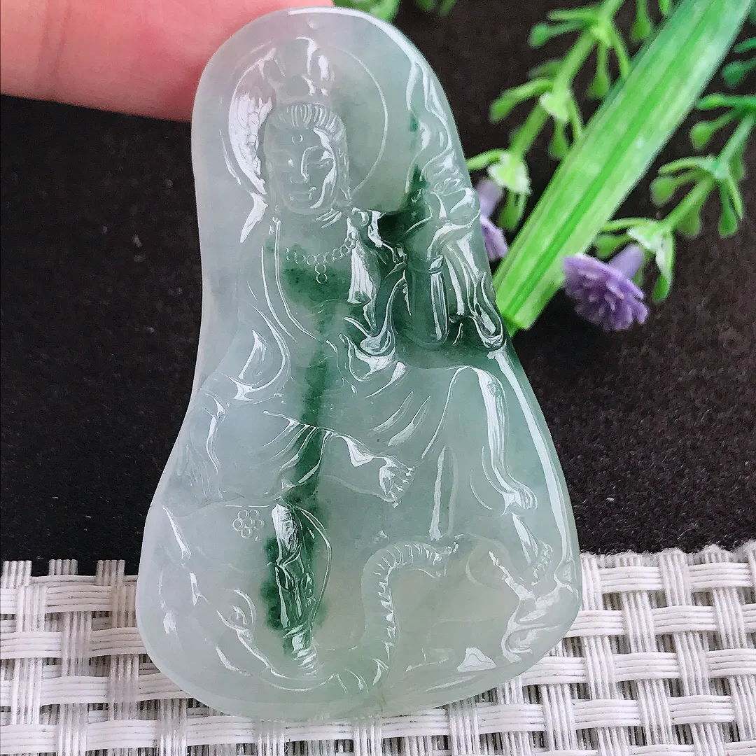 天然a货翡翠60.5/38/5.5老坑冰胶果冻飘花普贤菩萨吊坠翡翠玉坠挂件百搭