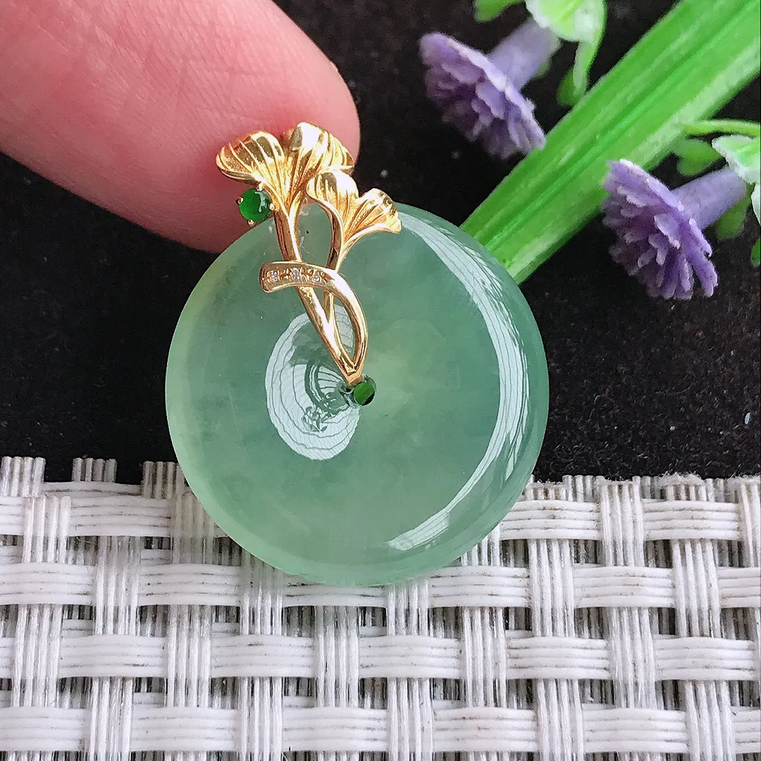天然a货翡翠21.9/4.5老坑18k金镶嵌冰晴绿平安扣吊坠翡翠玉扣挂件百搭