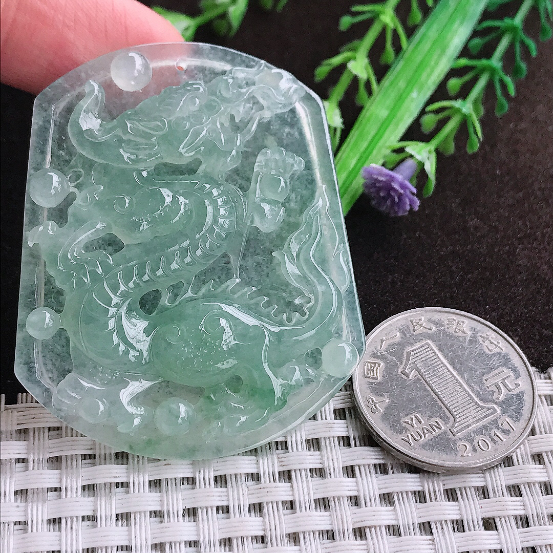天然a货翡翠54.2/45/6老坑冰种果冻胶冰晴绿龙牌吊坠翡翠玉坠挂件百搭
