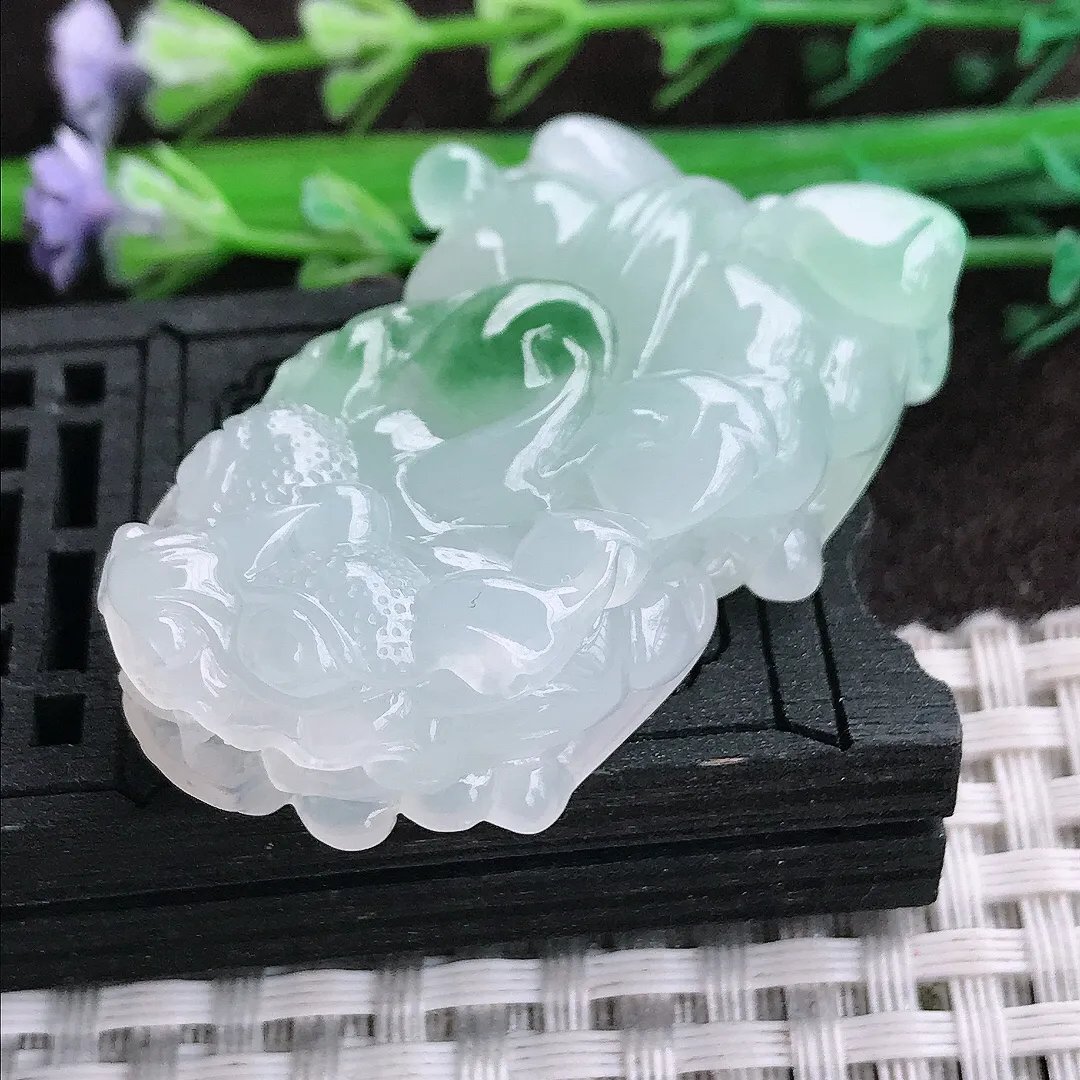 天然a货翡翠44.4/25.8/13老坑冰胶果冻飘花貔貅吊坠翡翠玉坠挂件百搭