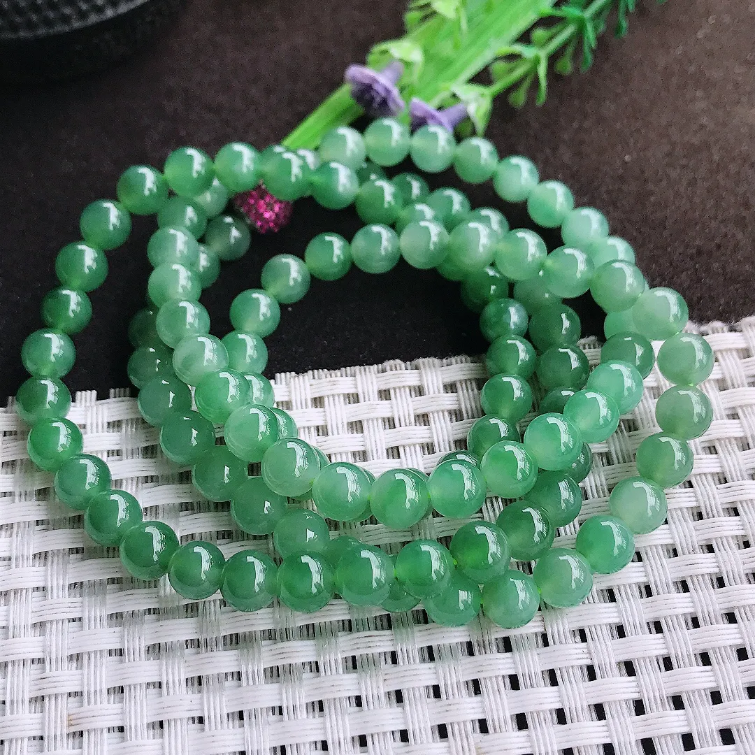 天然a货翡翠6.3/108颗老坑冰胶果冻满绿圆珠项链玉珠珠链