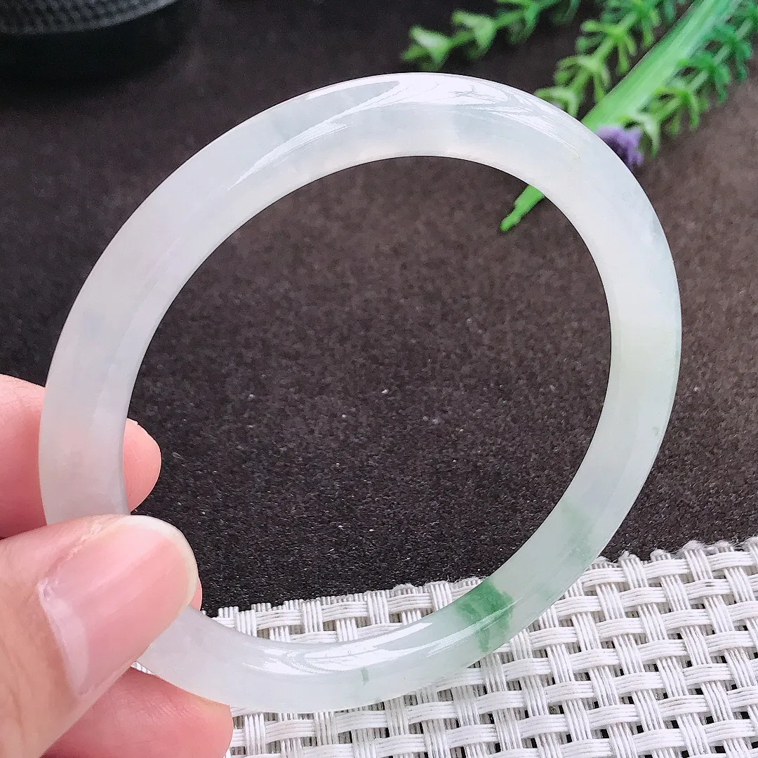 天然a货翡翠58.5/7.2/8老坑冰透起胶飘花圆条手镯翡翠玉镯美人镯