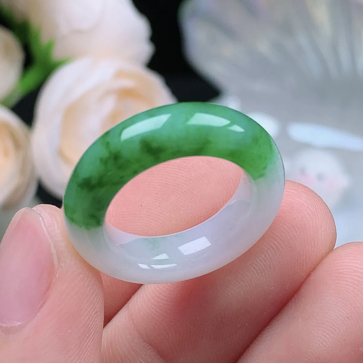 缅甸翡翠老坑种水润半山水飘阳绿戒指玉指环  水润通透 尺寸：16-5.9-4.6mm 11号圈口2S