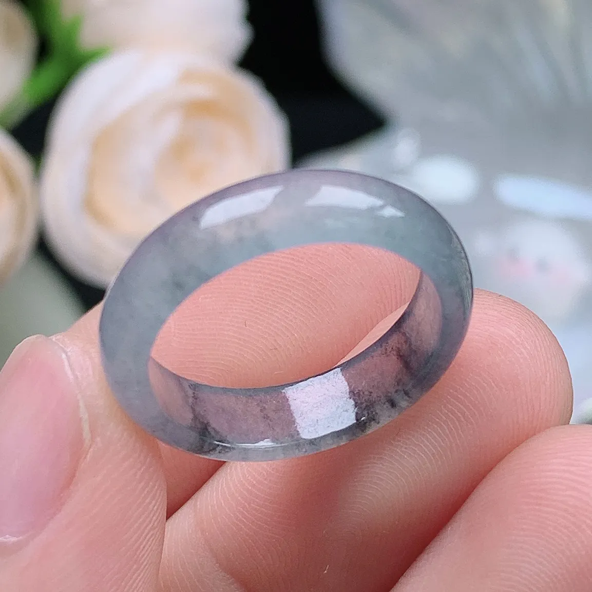 缅甸翡翠老坑冰种水润起胶冰乌鸡戒指玉指环  水润通透 尺寸：18.3-5.4-2.8mm 18号圈口2S