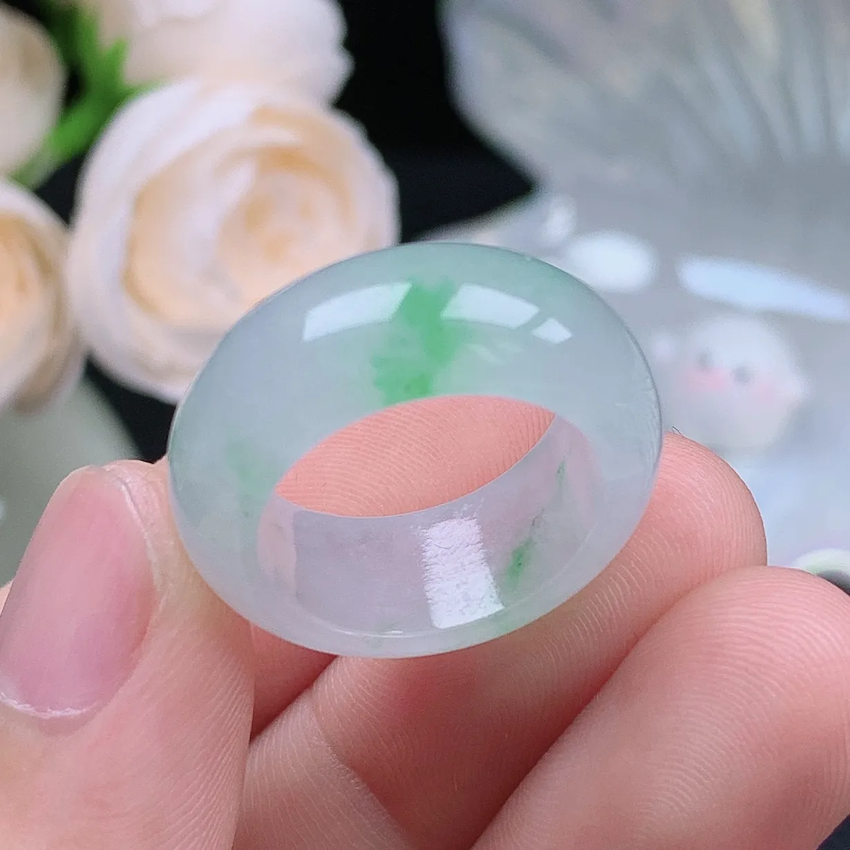 缅甸翡翠老坑冰种水润起胶轮胎飘绿戒指玉指环  水润通透 尺寸：17.5-9.1-4.1mm 15-16号圈口2S