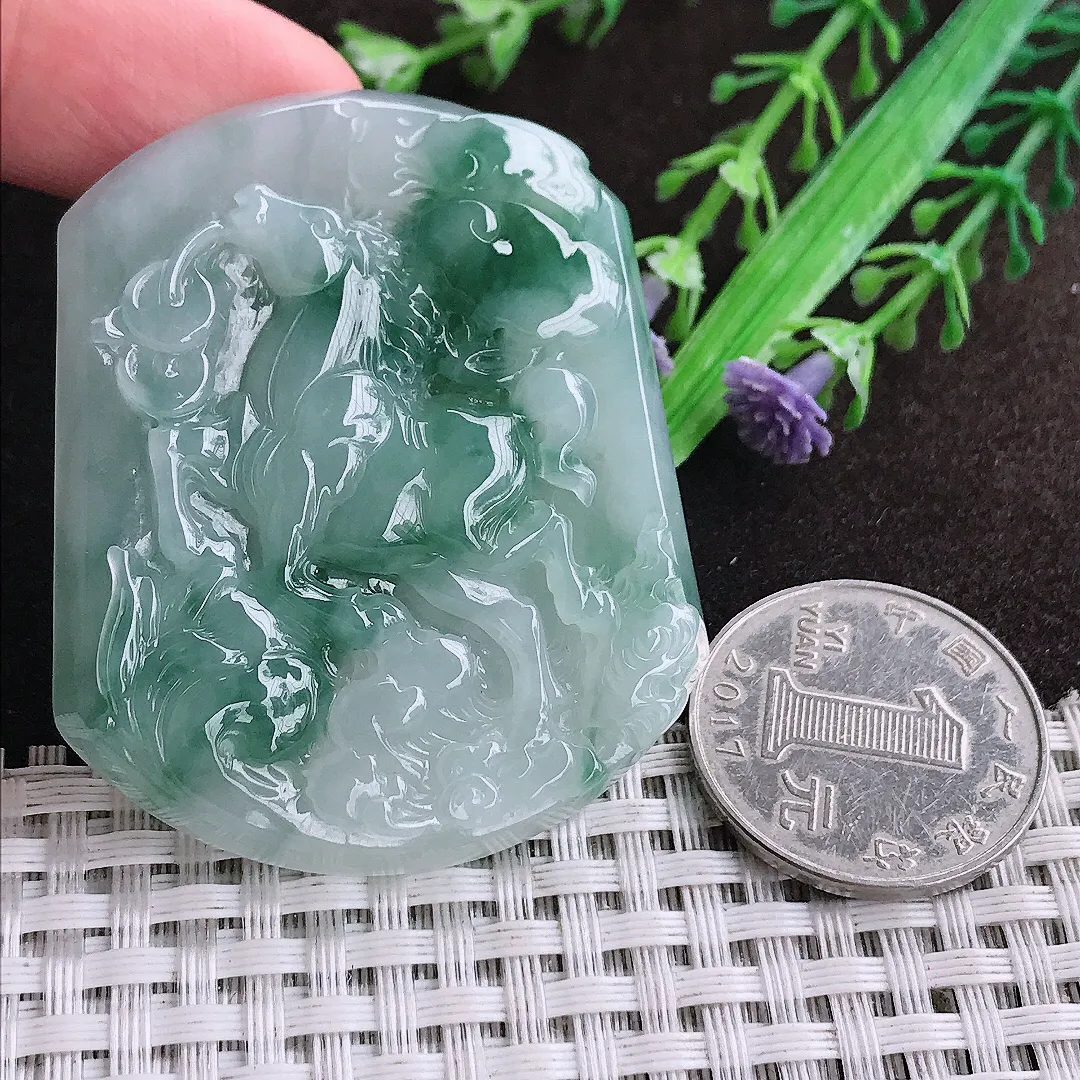 天然a货翡翠52.8/43.9/6.6老坑冰润起胶飘花马牌吊坠翡翠玉坠挂件百搭