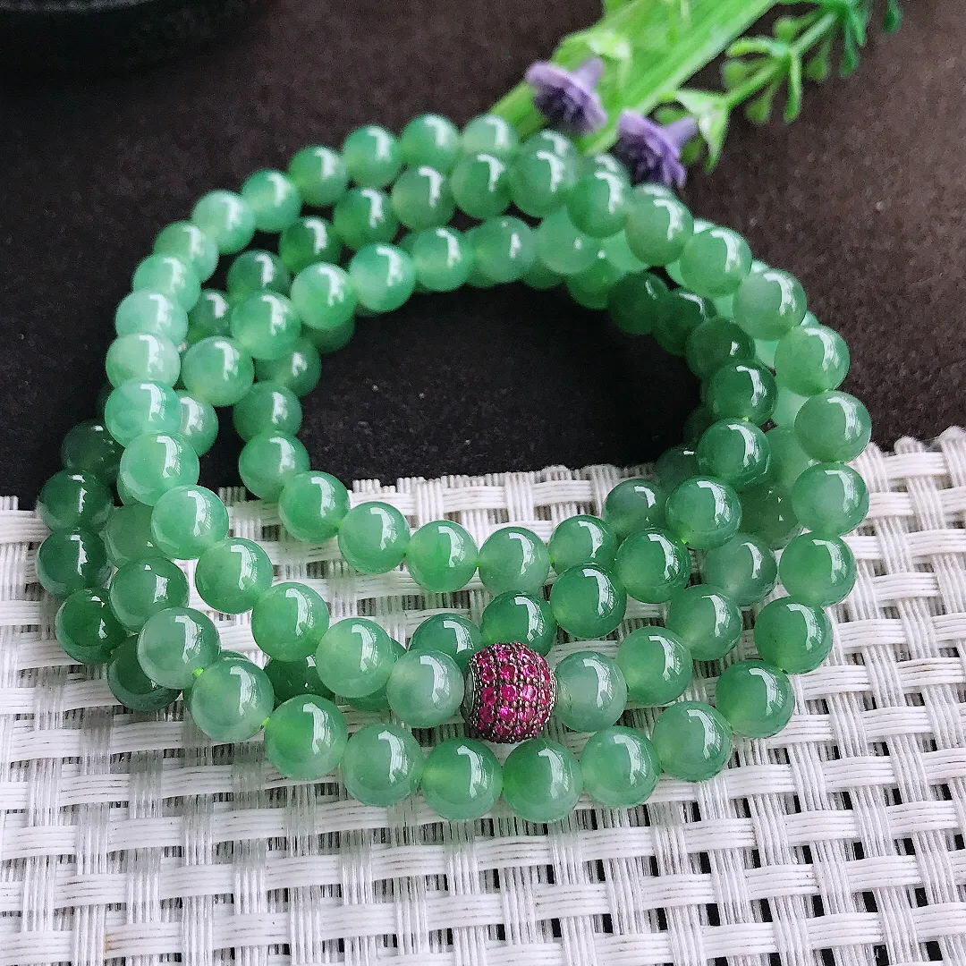 天然a货翡翠6.3/108颗老坑冰胶果冻满绿圆珠项链玉珠珠链