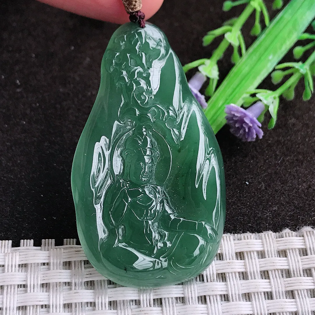 天然a货翡翠50/29.5/4.8老坑冰胶水灵满色蓝韵赐福观音吊坠翡翠玉坠挂件百搭