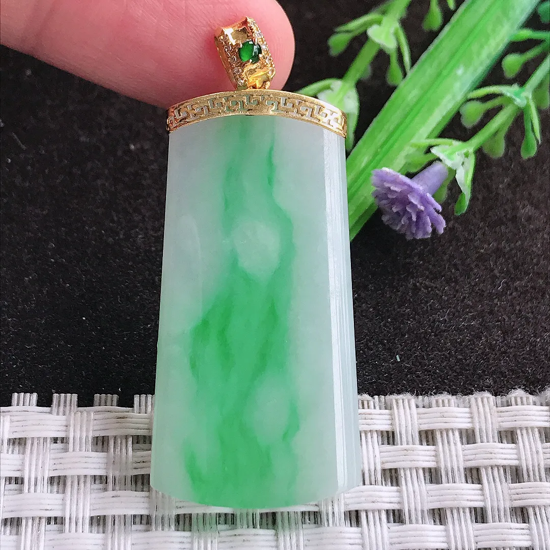 天然a货翡翠39.5/20.5/3.8老坑18k金镶嵌飘阳绿无事牌吊坠翡翠玉坠挂件百搭