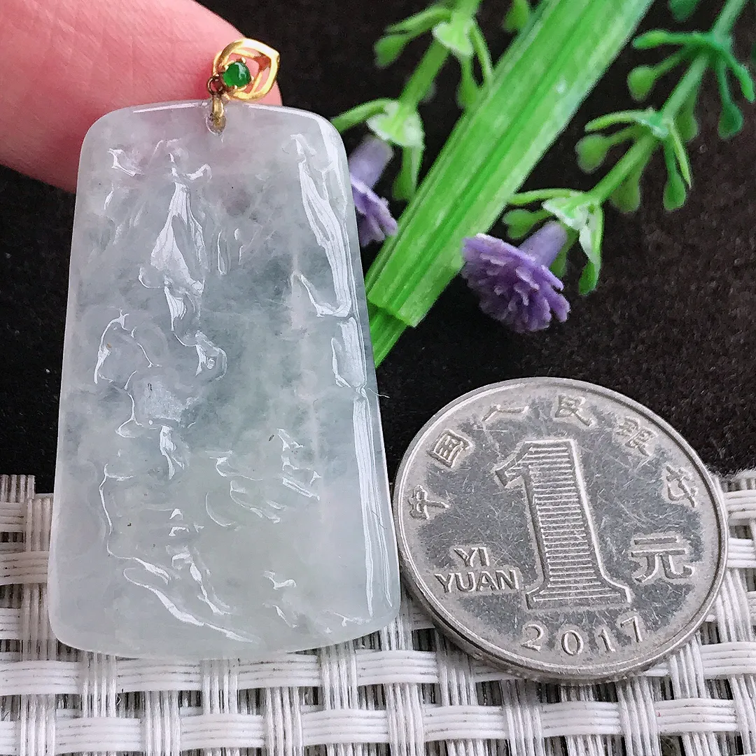 天然a货翡翠38.8/24.3/3.8老坑18k金镶嵌冰透山水牌吊坠翡翠玉坠挂件百搭