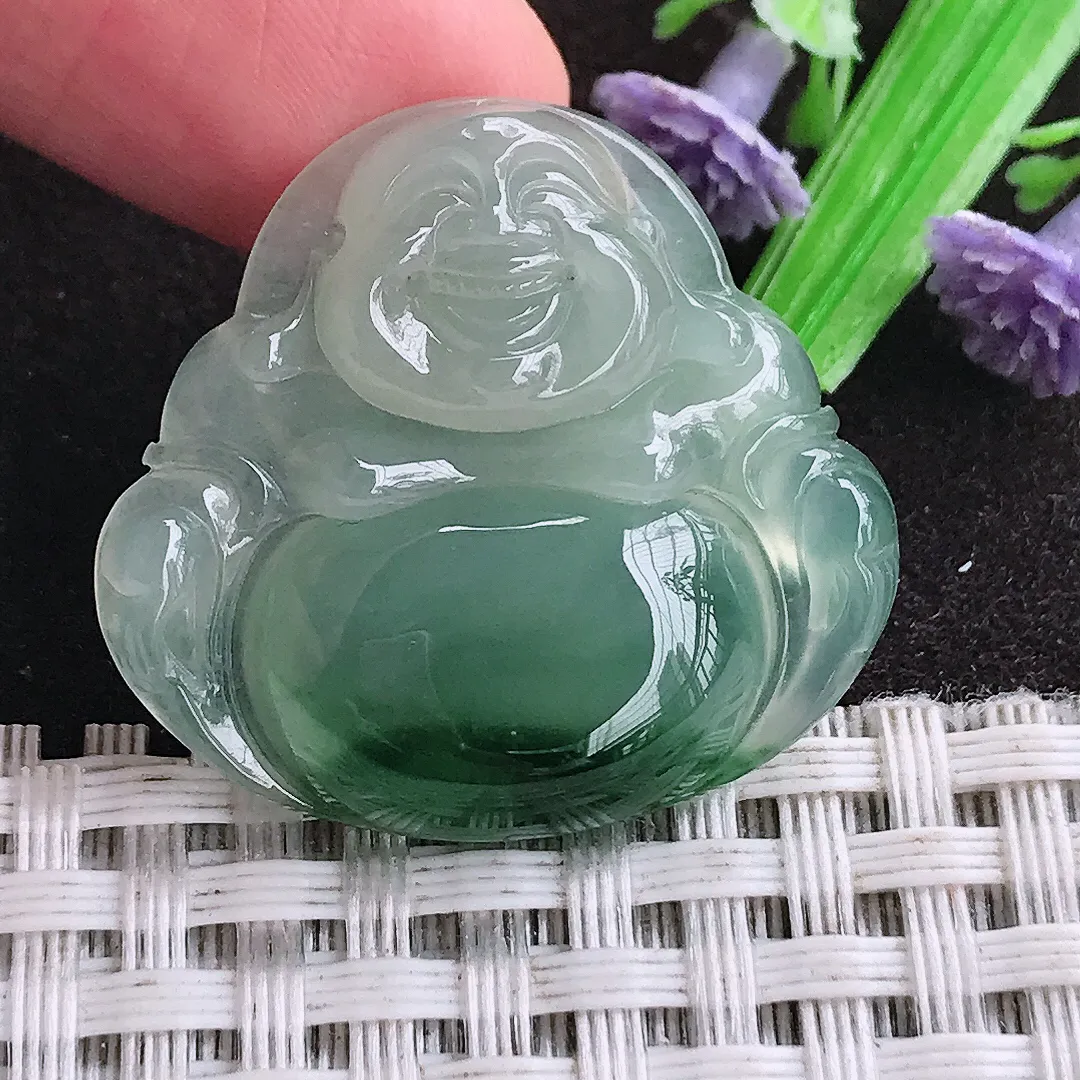 天然a货翡翠28.2/30.3/6老坑冰胶水灵飘花佛公吊坠翡翠玉佛挂件百搭