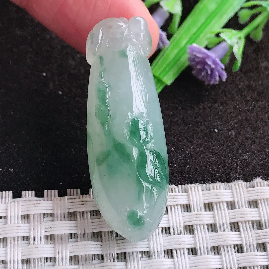 天然a货翡翠39.6/14/9.9老坑冰胶水灵飘花福瓜吊坠翡翠玉坠挂件百搭