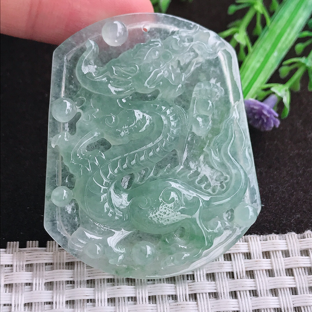 天然a货翡翠54.2/45/6老坑冰种果冻胶冰晴绿龙牌吊坠翡翠玉坠挂件百搭