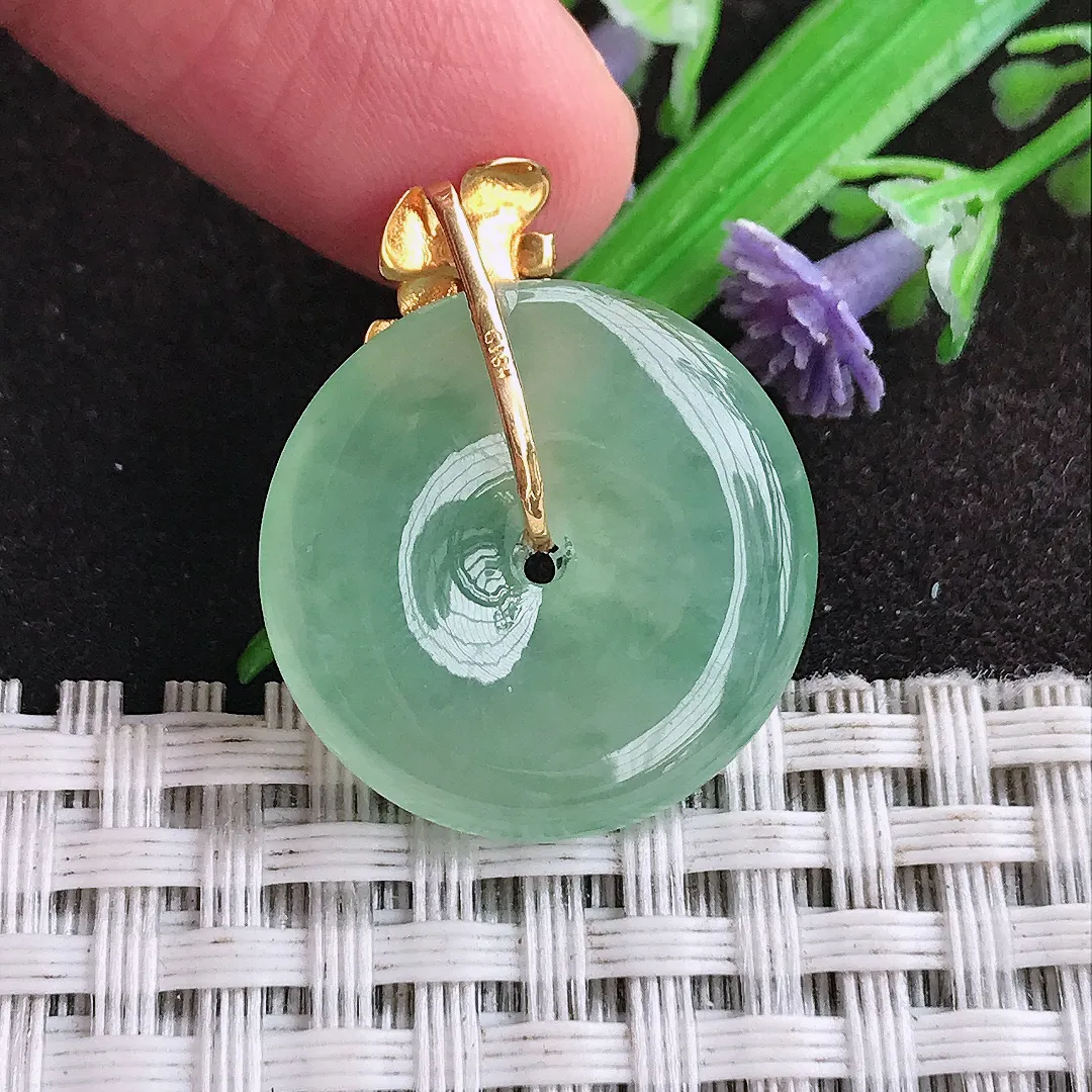 天然a货翡翠21.9/4.5老坑18k金镶嵌冰晴绿平安扣吊坠翡翠玉扣挂件百搭