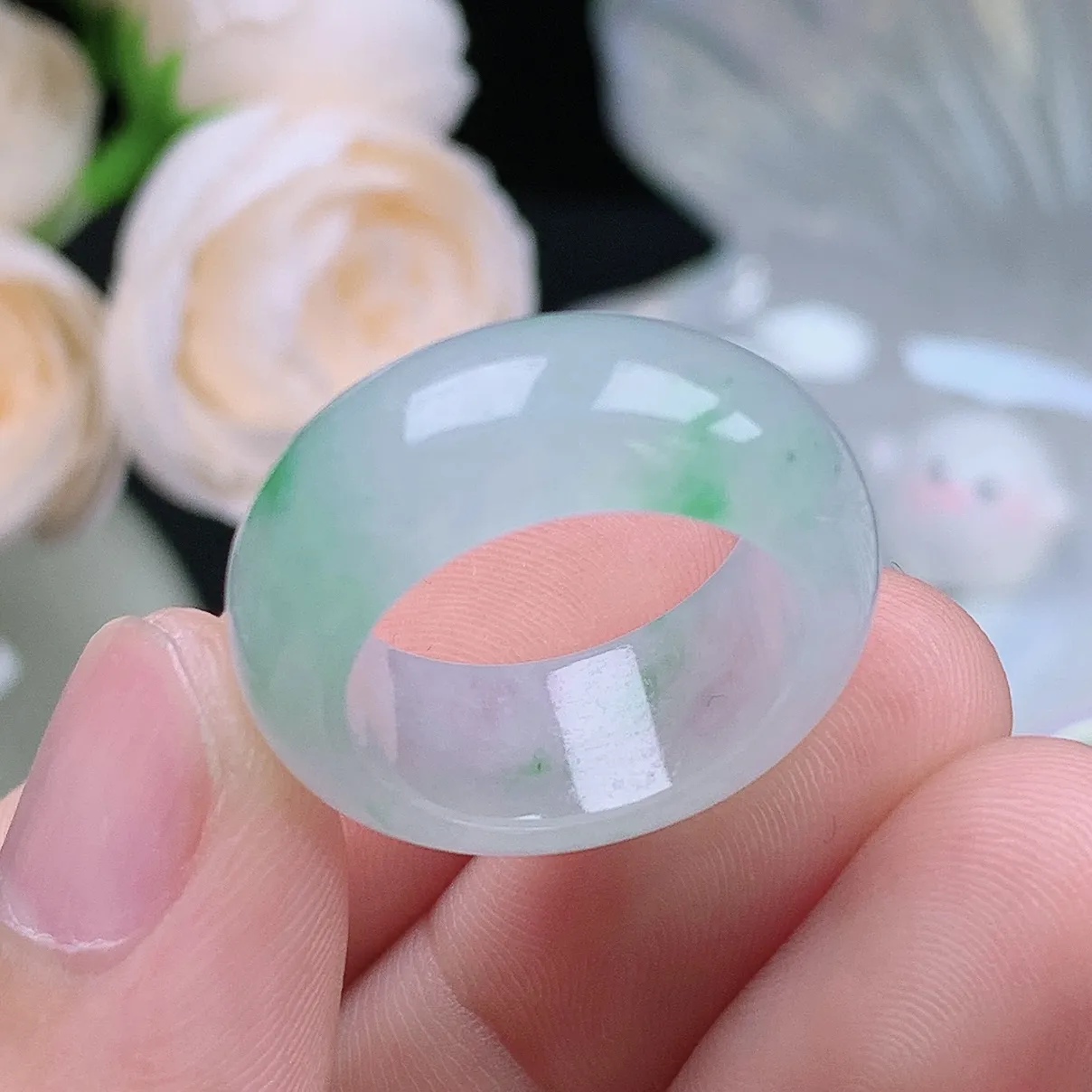 缅甸翡翠老坑冰种水润起胶轮胎飘绿戒指玉指环  水润通透 尺寸：17.5-9.1-4.1mm 15-16号圈口2S