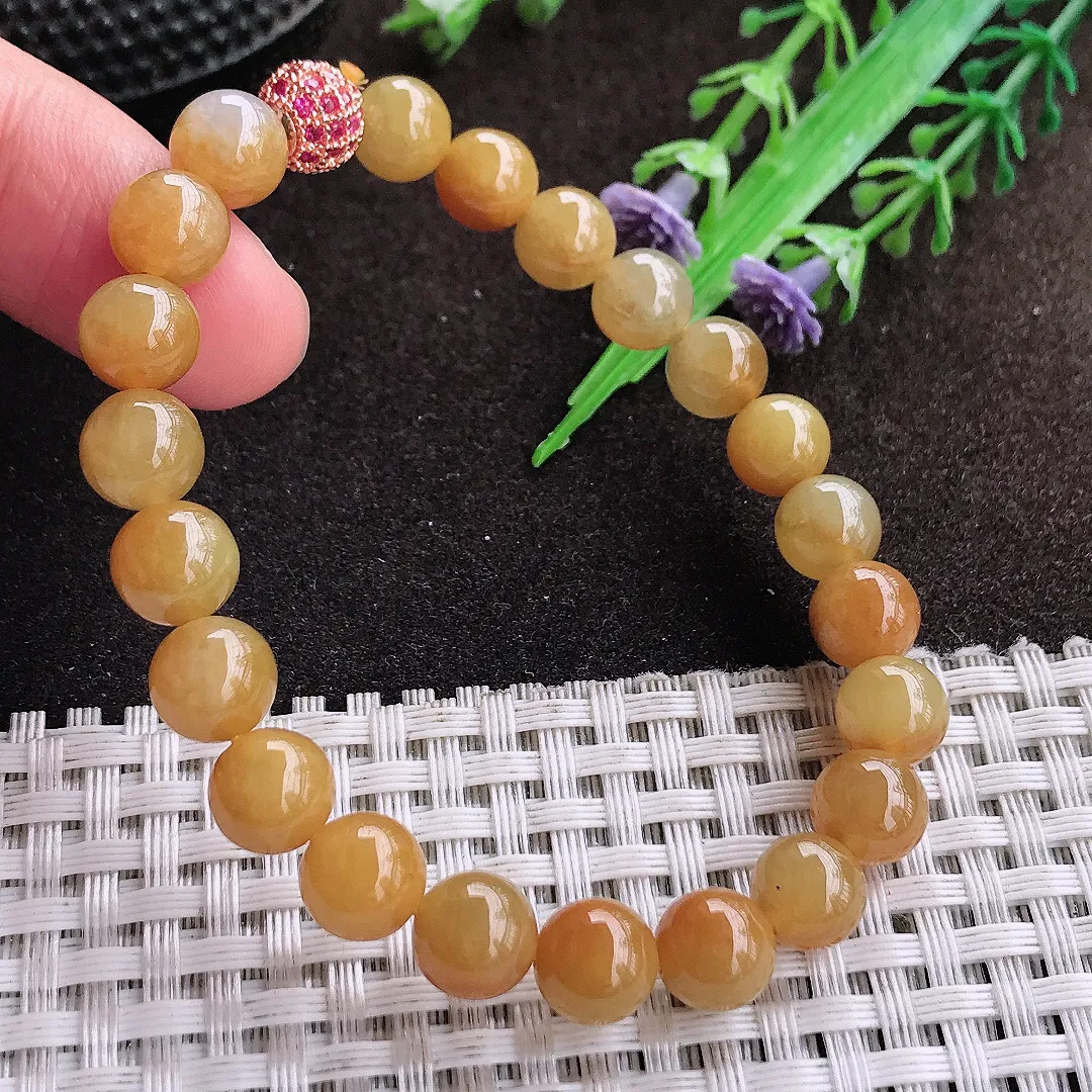 天然a货翡翠8/22颗老坑精美冰润辣色鸡油黄黄翡圆珠手链玉珠手串