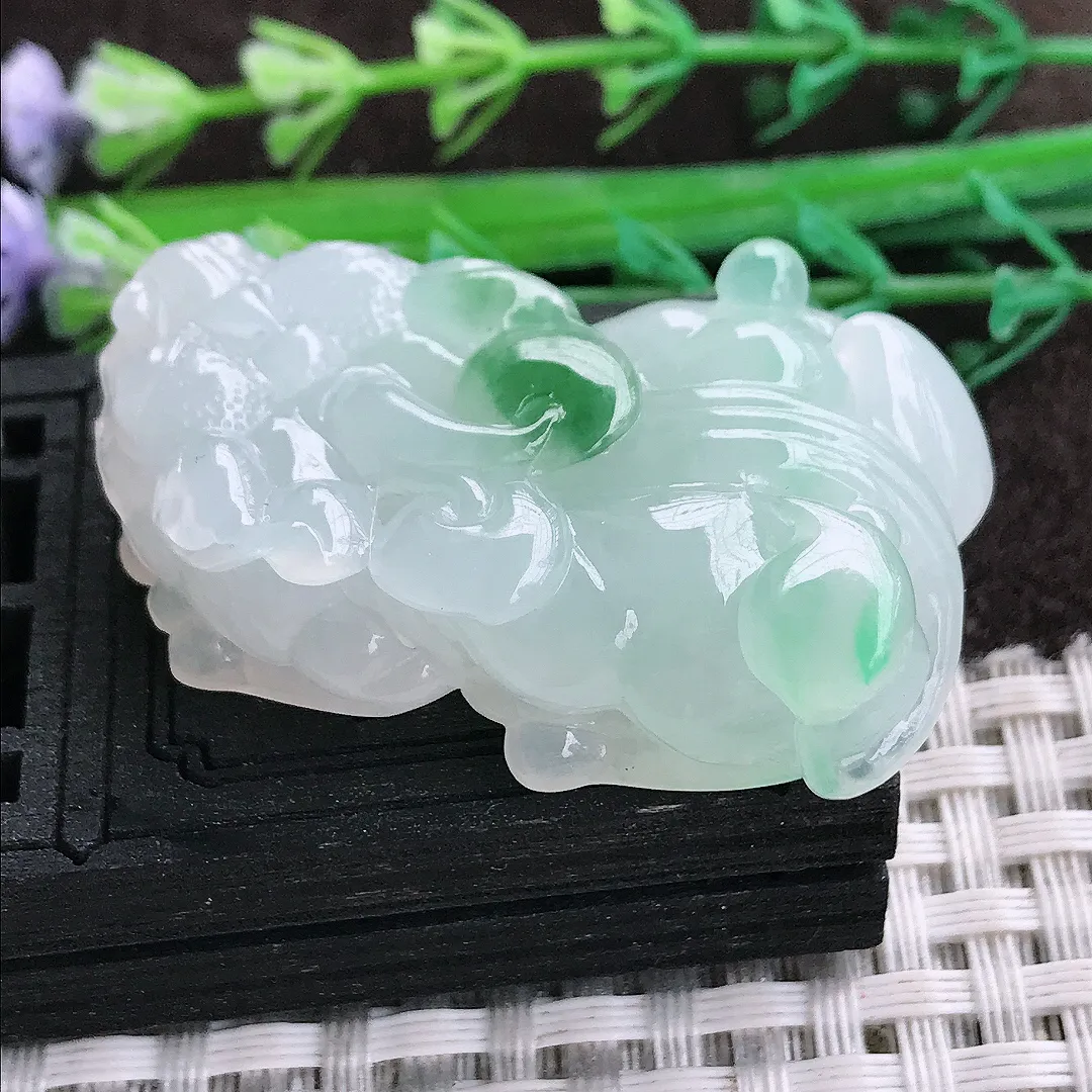 天然a货翡翠44.4/25.8/13老坑冰胶果冻飘花貔貅吊坠翡翠玉坠挂件百搭