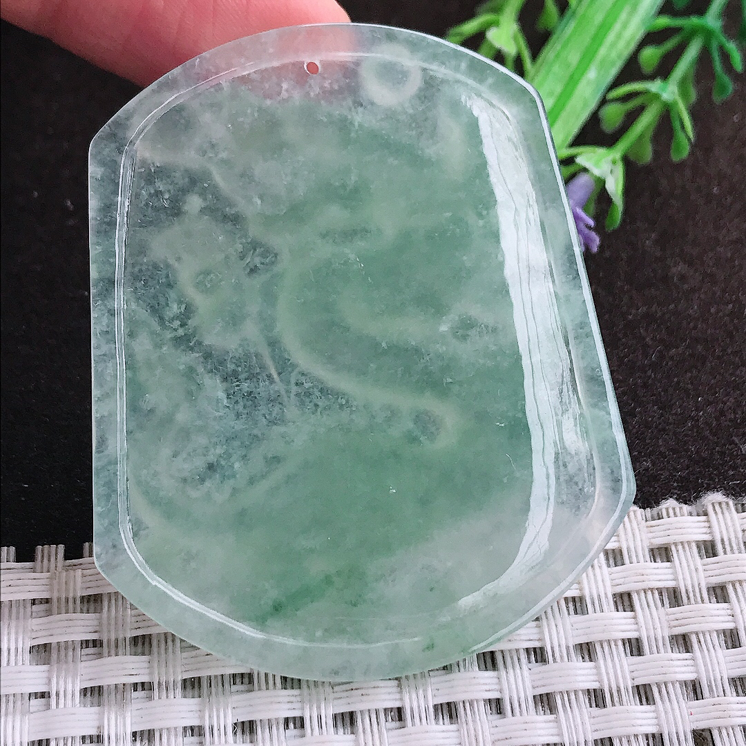 天然a货翡翠54.2/45/6老坑冰种果冻胶冰晴绿龙牌吊坠翡翠玉坠挂件百搭