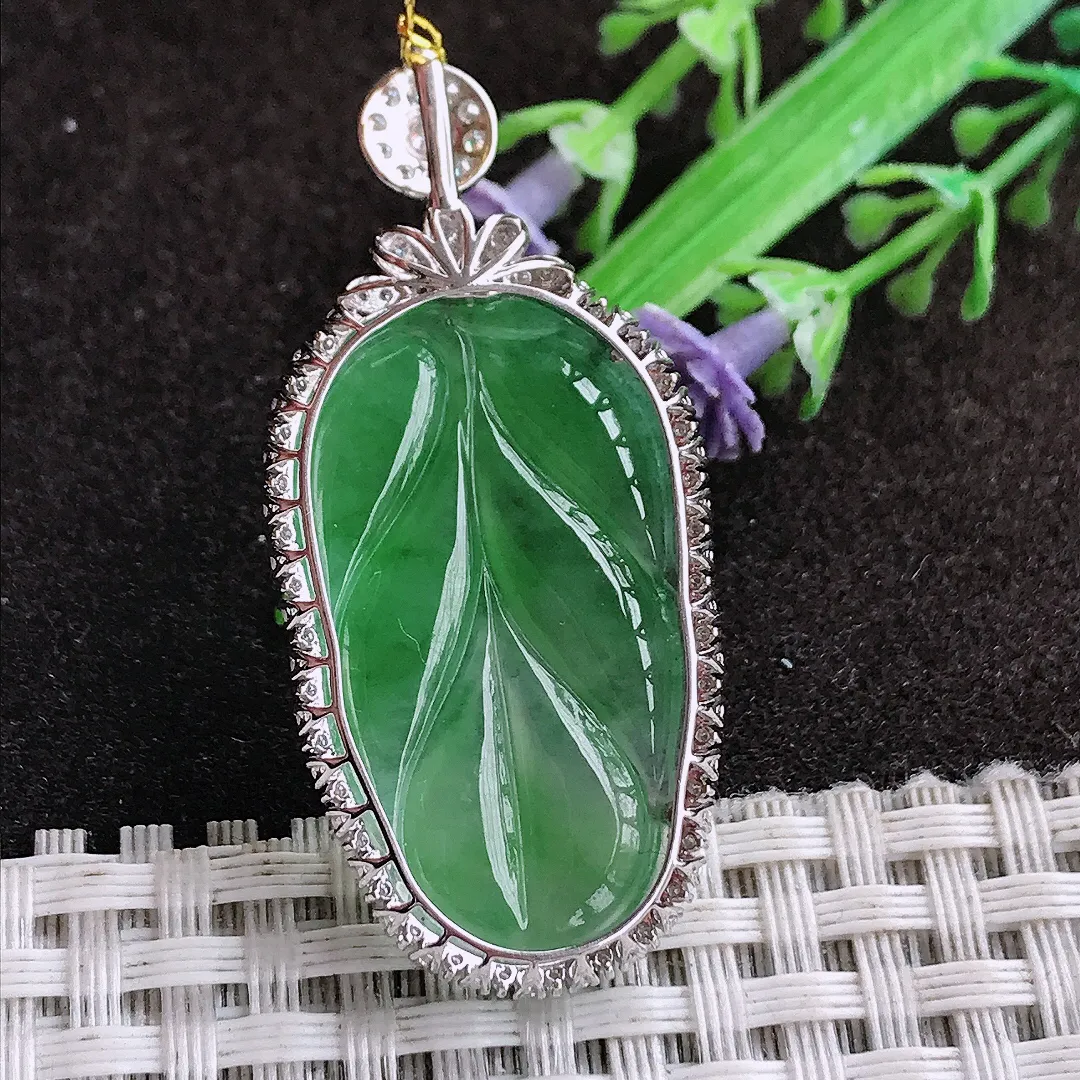 天然a货翡翠45.6/21.3/7.2老坑18k金镶嵌冰种阳绿叶子吊坠翡翠玉坠挂件百搭