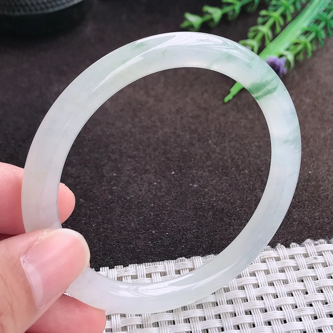 天然a货翡翠58.5/7.2/8老坑冰透起胶飘花圆条手镯翡翠玉镯美人镯