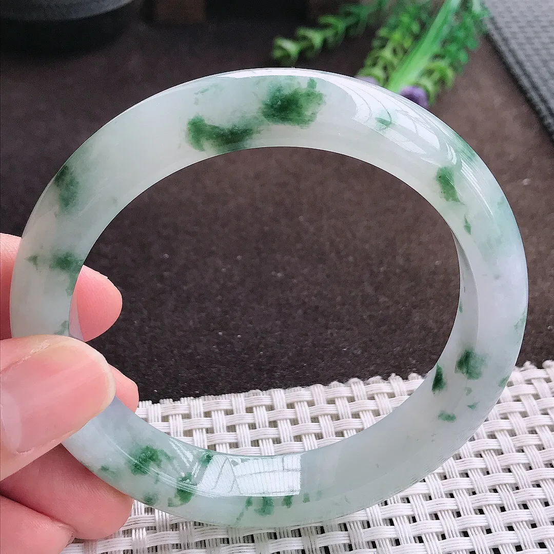 天然a货翡翠61.5/12.8/9.3老坑冰胶果冻飘花手镯大圈口宽边翡翠玉镯