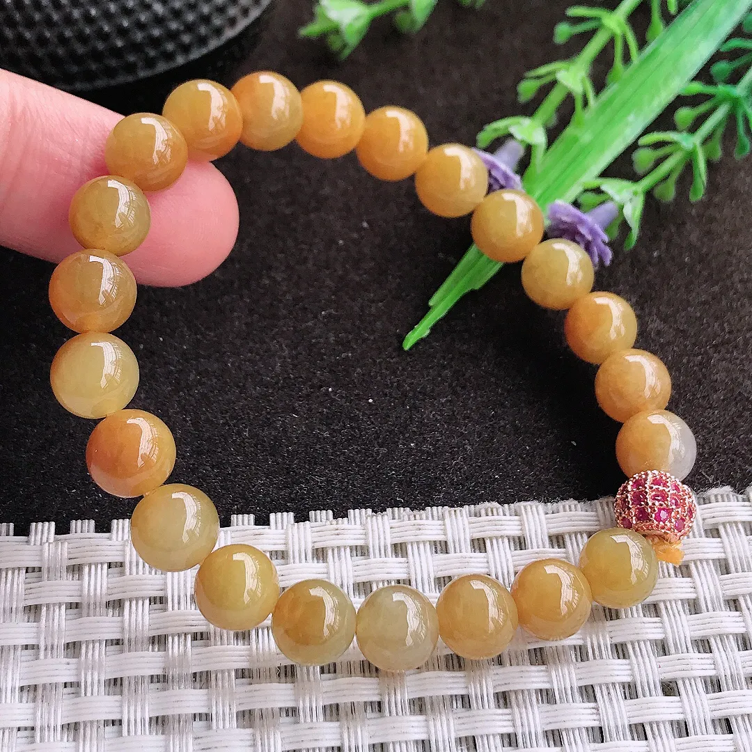 天然a货翡翠8/22颗老坑精美冰润辣色鸡油黄黄翡圆珠手链玉珠手串