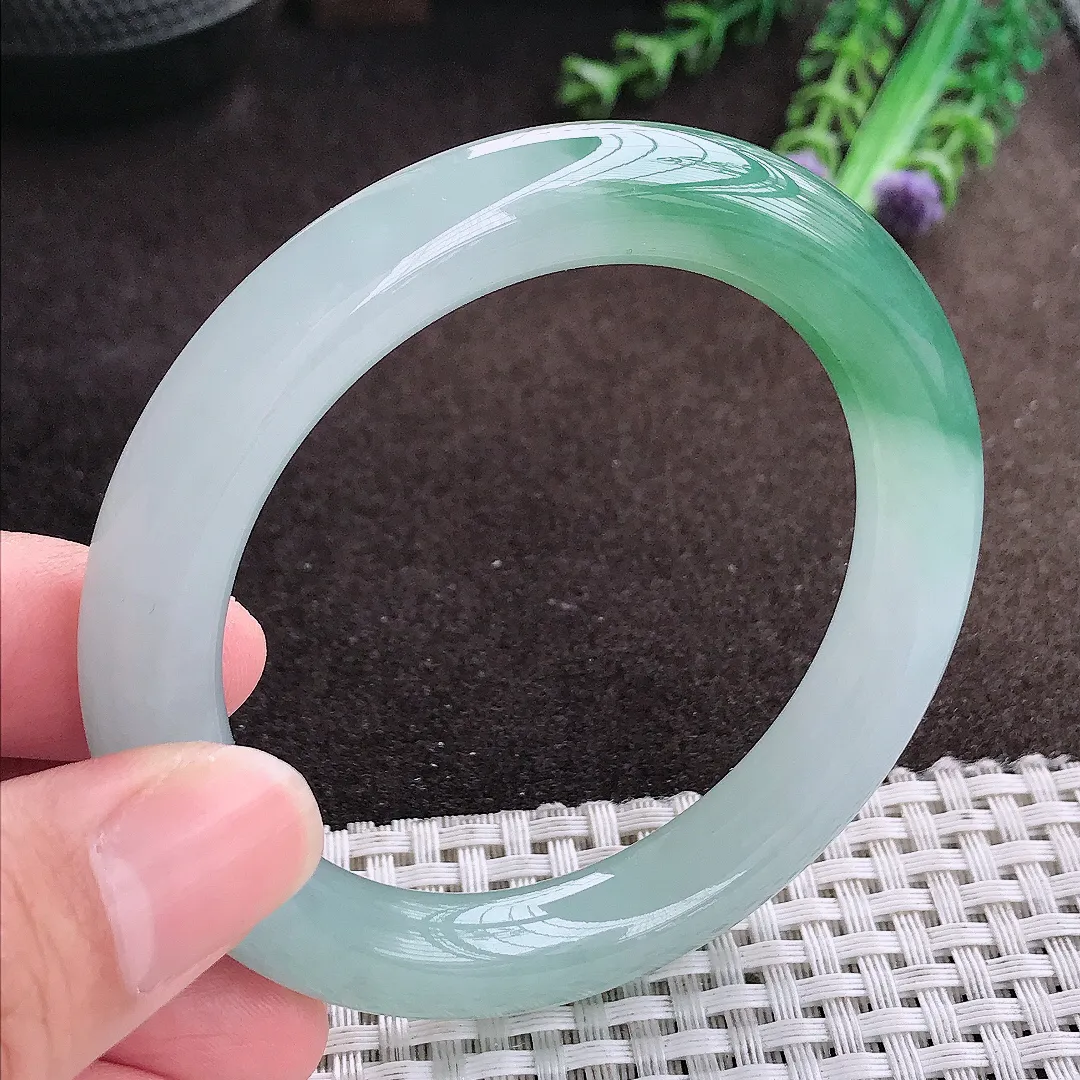 自然光55/10.3/10老坑冰胶果冻半山半水圆条手镯翡翠玉镯美人镯