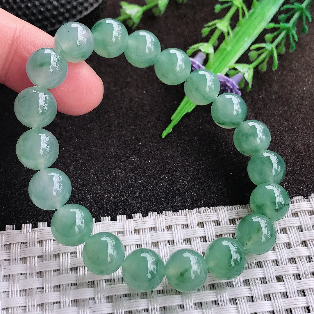 天然a货翡翠9.9/19颗颗老坑冰种果冻胶冰晴满绿圆珠手链玉珠手串