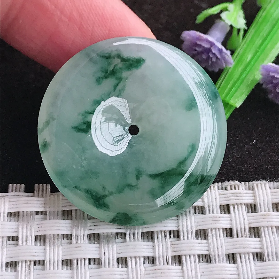 天然a货翡翠29.4/5.5老坑冰胶水灵飘花平安扣吊坠翡翠玉扣挂件百搭