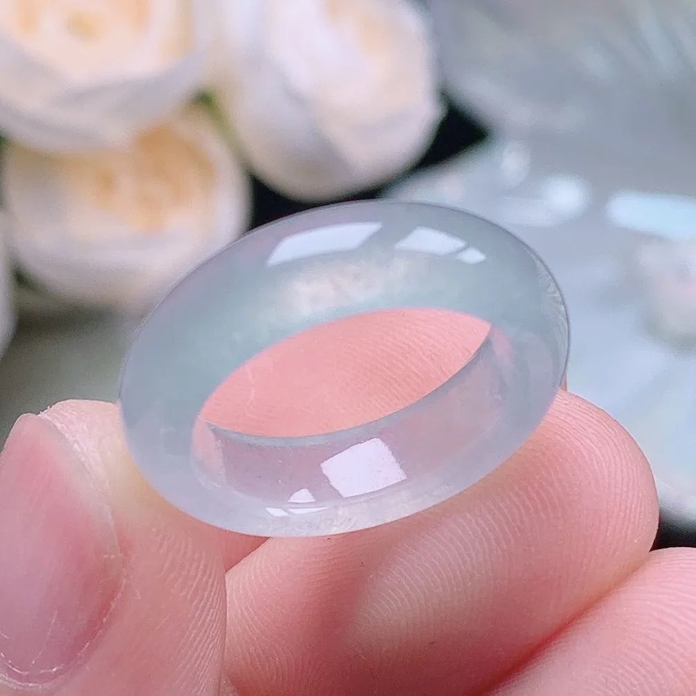 缅甸老坑冰种水润起胶白月光戒指玉指环  水润通透 尺寸：16.4-5.7-3.6mm 12号圈口2S