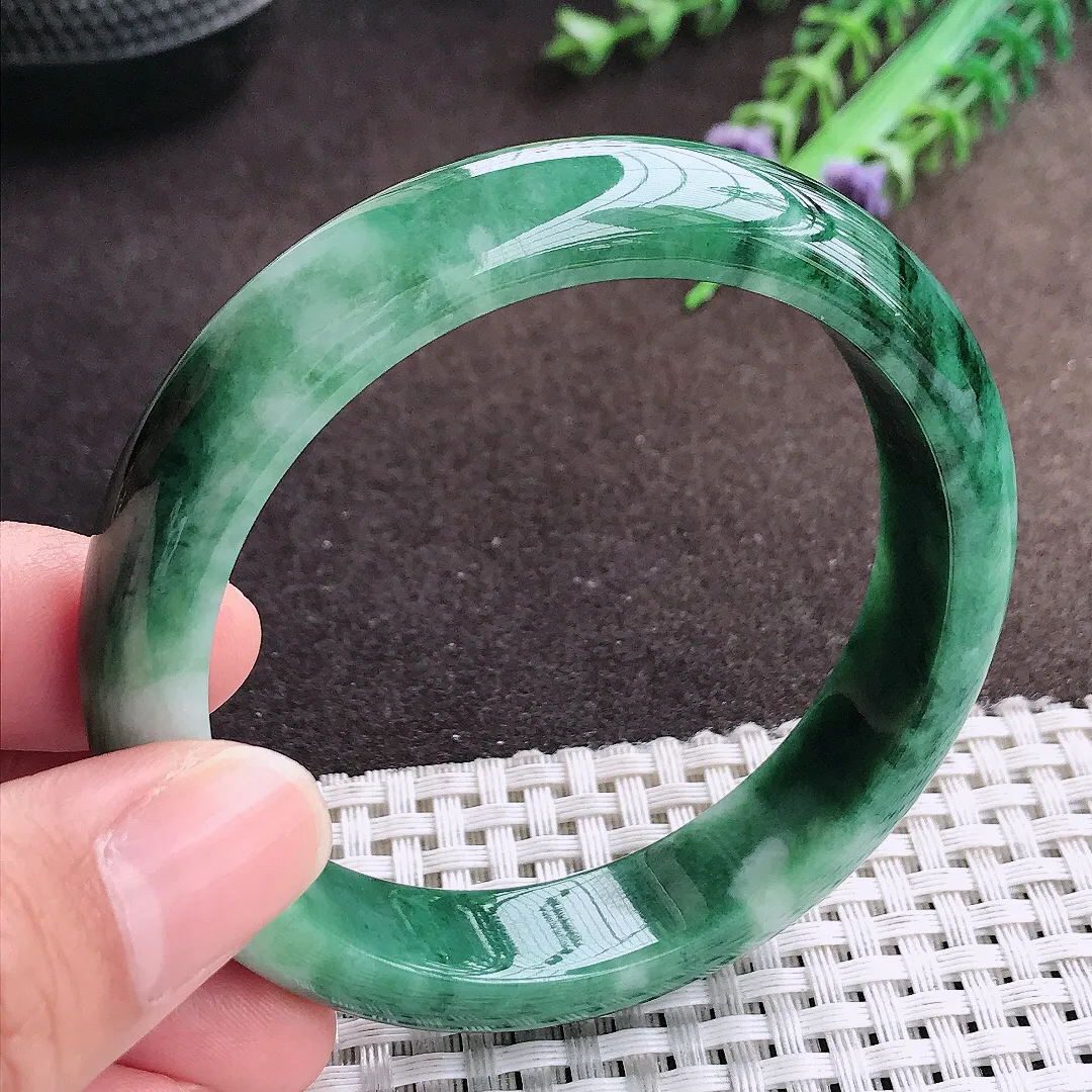 天然a货翡翠56.5/12.7/8老坑精美温润飘花手镯宽边翡翠玉镯美人镯