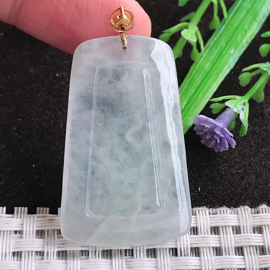 天然a货翡翠38.8/24.3/3.8老坑18k金镶嵌冰透山水牌吊坠翡翠玉坠挂件百搭