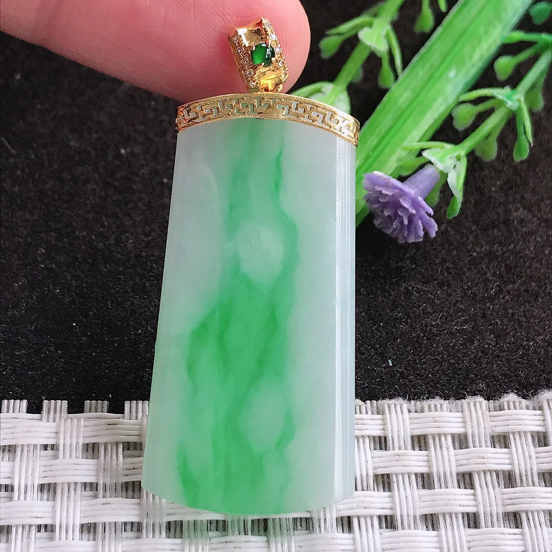 天然a货翡翠39.5/20.5/3.8老坑18k金镶嵌飘阳绿无事牌吊坠翡翠玉坠挂件百搭