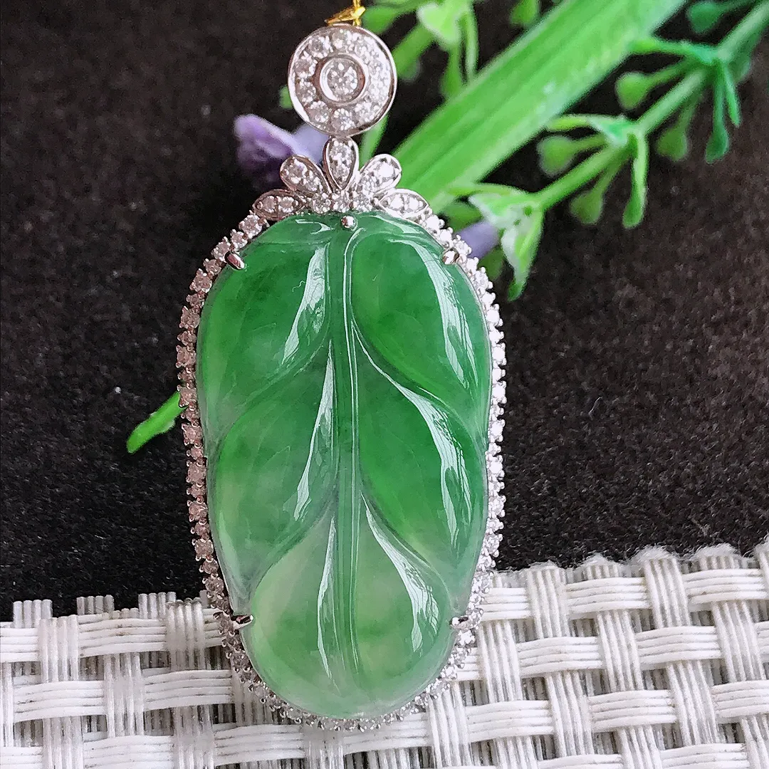 天然a货翡翠45.6/21.3/7.2老坑18k金镶嵌冰种阳绿叶子吊坠翡翠玉坠挂件百搭