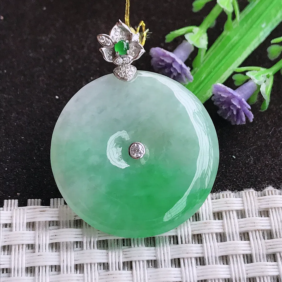 天然a货翡翠29.6/5.2老坑18k金镶嵌冰润飘阳绿平安扣吊坠翡翠玉坠挂件百搭