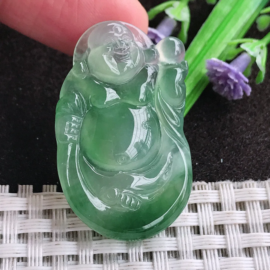 天然a货翡翠36.8/22.5/5.4老坑冰种果冻胶满绿布袋佛吊坠翡翠玉坠挂件百搭