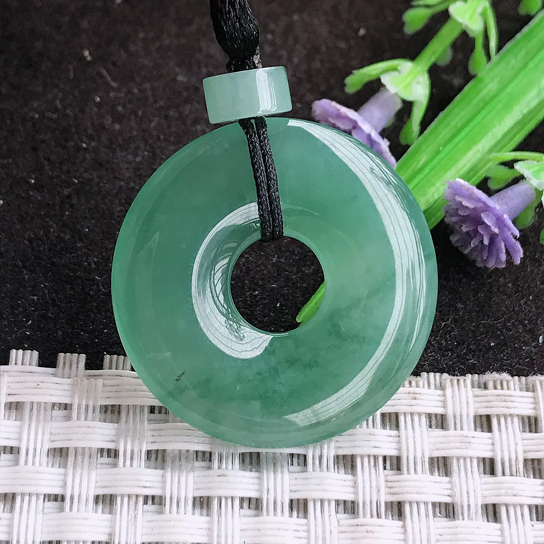 天然a货翡翠28.6/3.8老坑冰胶果冻满色飘花玉环吊坠翡翠平安环挂件百搭