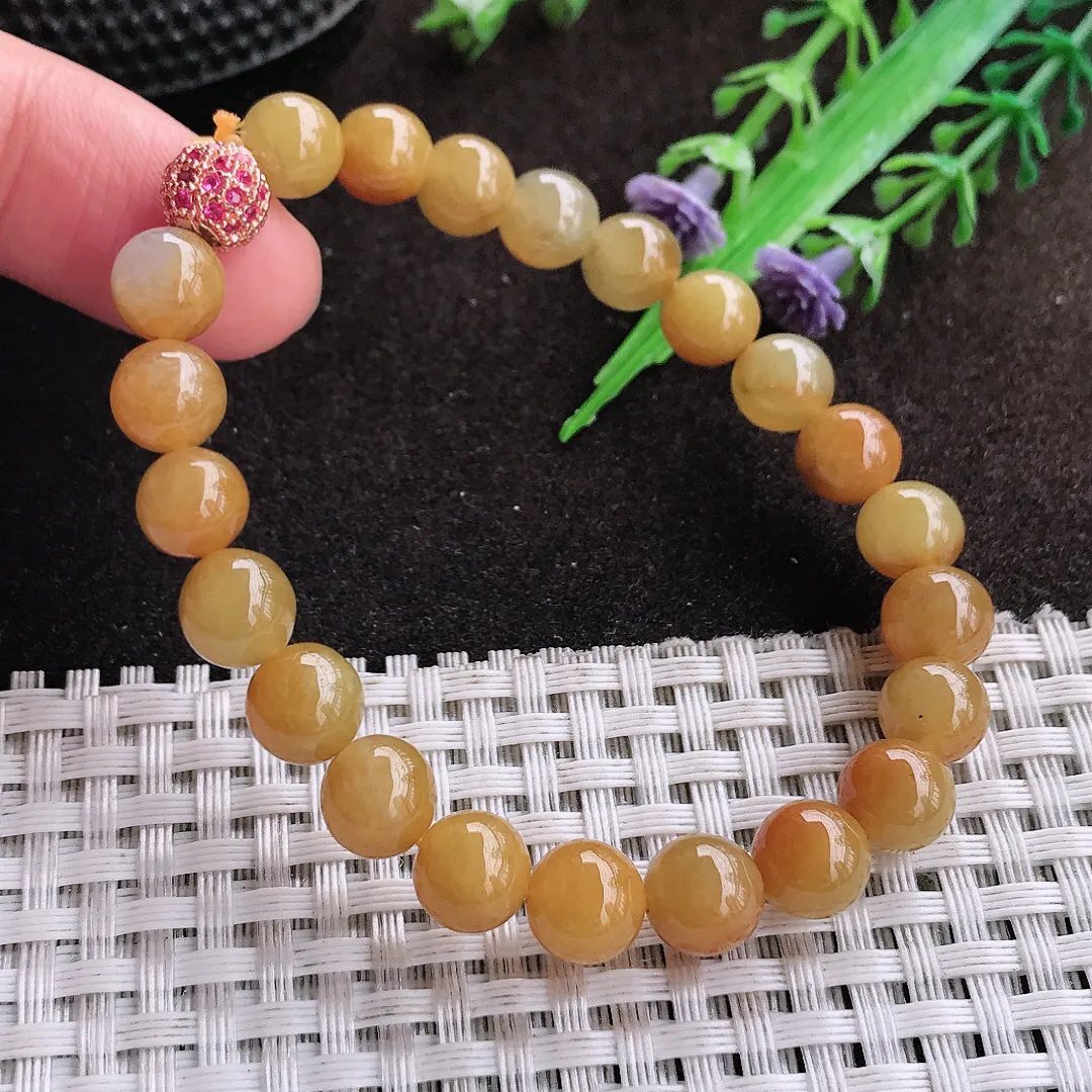 天然a货翡翠8/22颗老坑精美冰润辣色鸡油黄黄翡圆珠手链玉珠手串