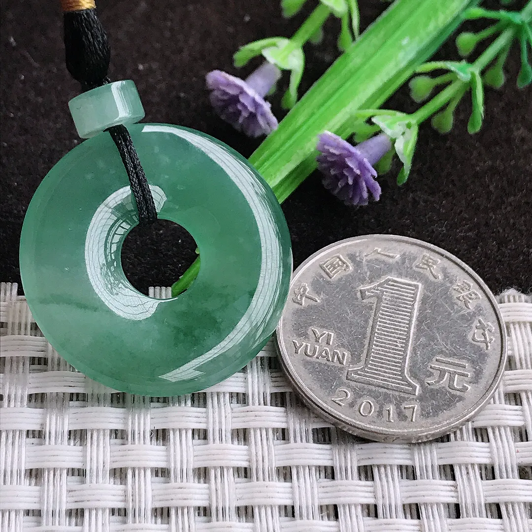 天然a货翡翠28.6/3.8老坑冰胶果冻满色飘花玉环吊坠翡翠平安环挂件百搭