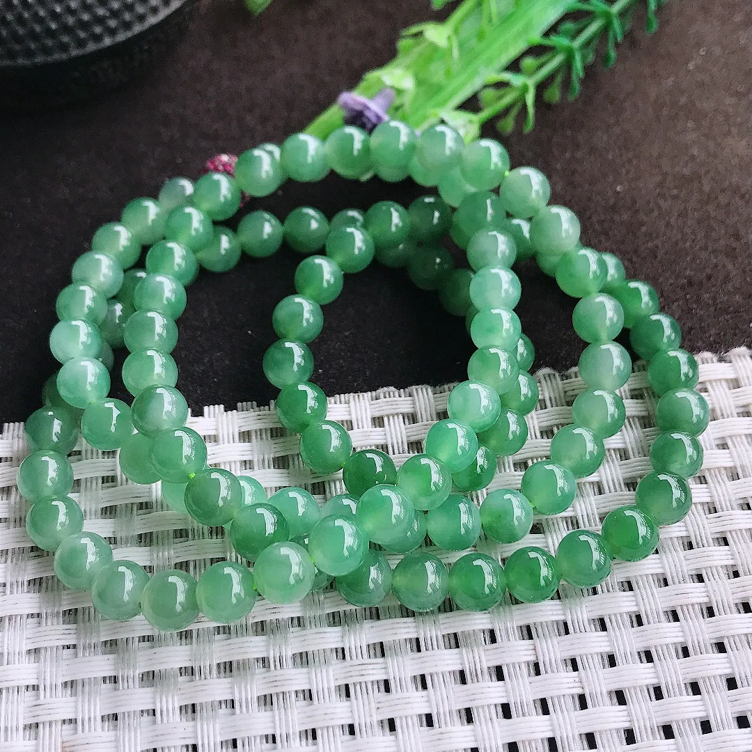 天然a货翡翠6.3/108颗老坑冰胶果冻满绿圆珠项链玉珠珠链