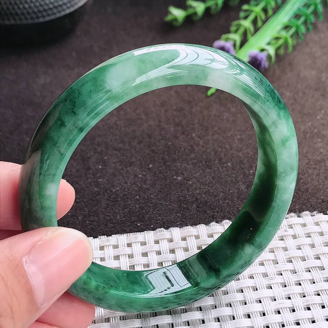 天然a货翡翠56.5/12.7/8老坑精美温润飘花手镯宽边翡翠玉镯美人镯