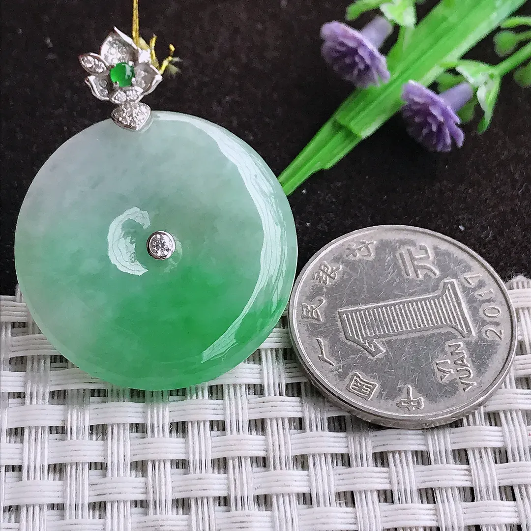 天然a货翡翠29.6/5.2老坑18k金镶嵌冰润飘阳绿平安扣吊坠翡翠玉坠挂件百搭