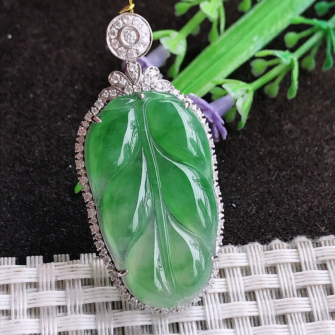 天然a货翡翠45.6/21.3/7.2老坑18k金镶嵌冰种阳绿叶子吊坠翡翠玉坠挂件百搭