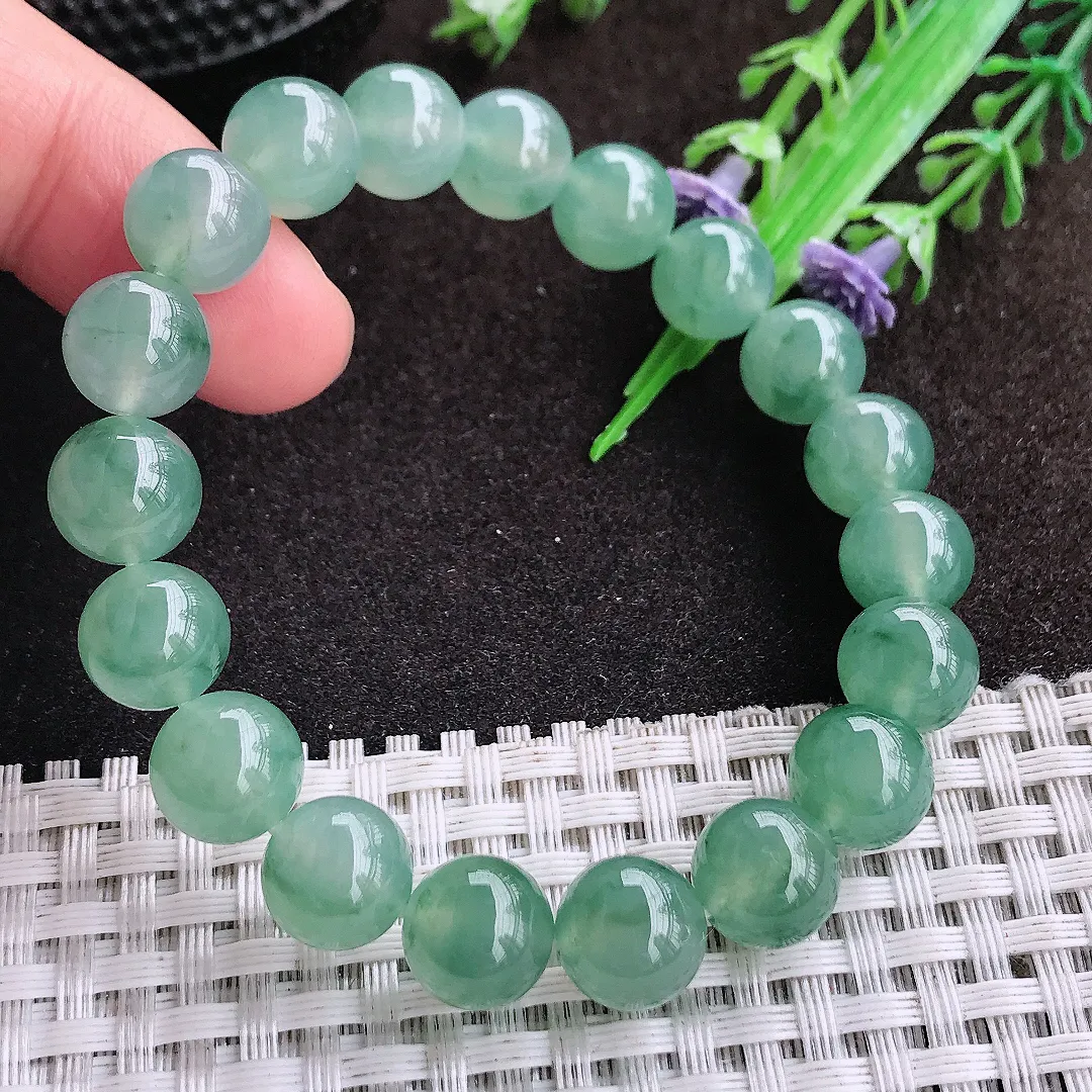 天然a货翡翠9.9/19颗颗老坑冰种果冻胶冰晴满绿圆珠手链玉珠手串