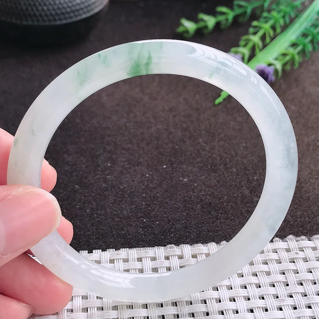 天然a货翡翠58.5/7.2/8老坑冰透起胶飘花圆条手镯翡翠玉镯美人镯