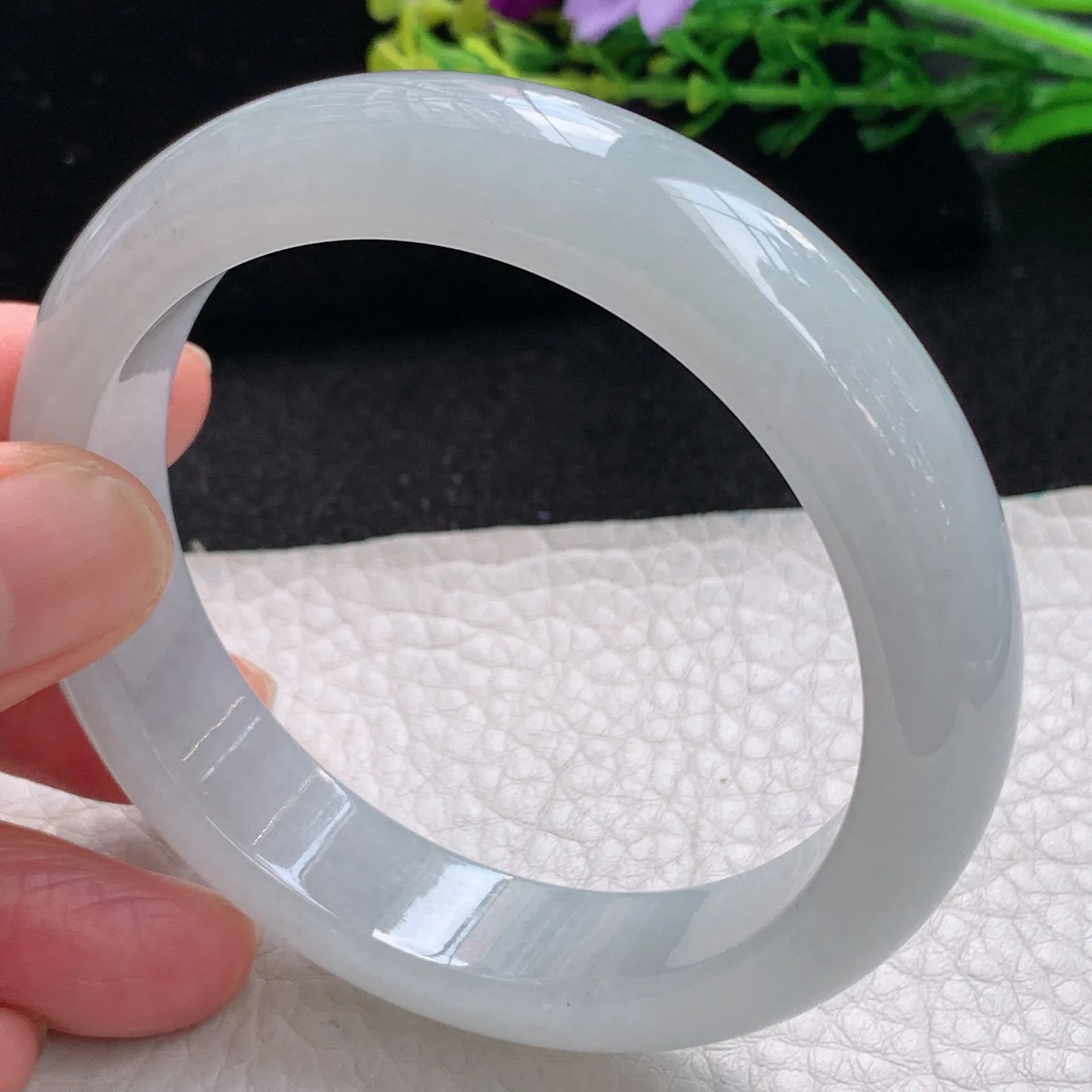 hy自然光57*13.5*8.3平安镯 缅甸翡翠a货白月光起光宽边玉手镯 玉手环