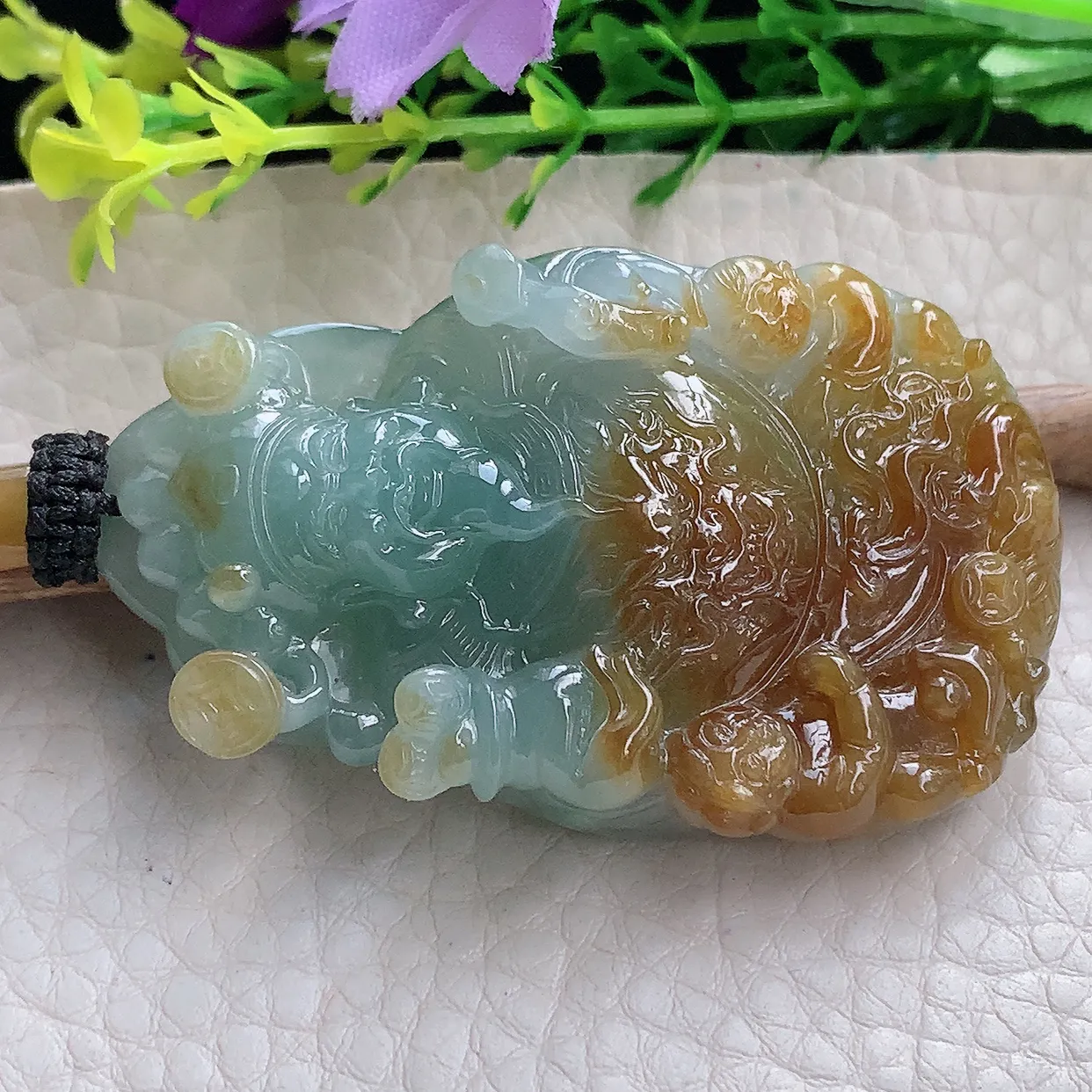 yl实拍57.5*35*14缅甸翡翠圆冰透蓝加黄双彩财神爷吊坠坠厚装招财项坠