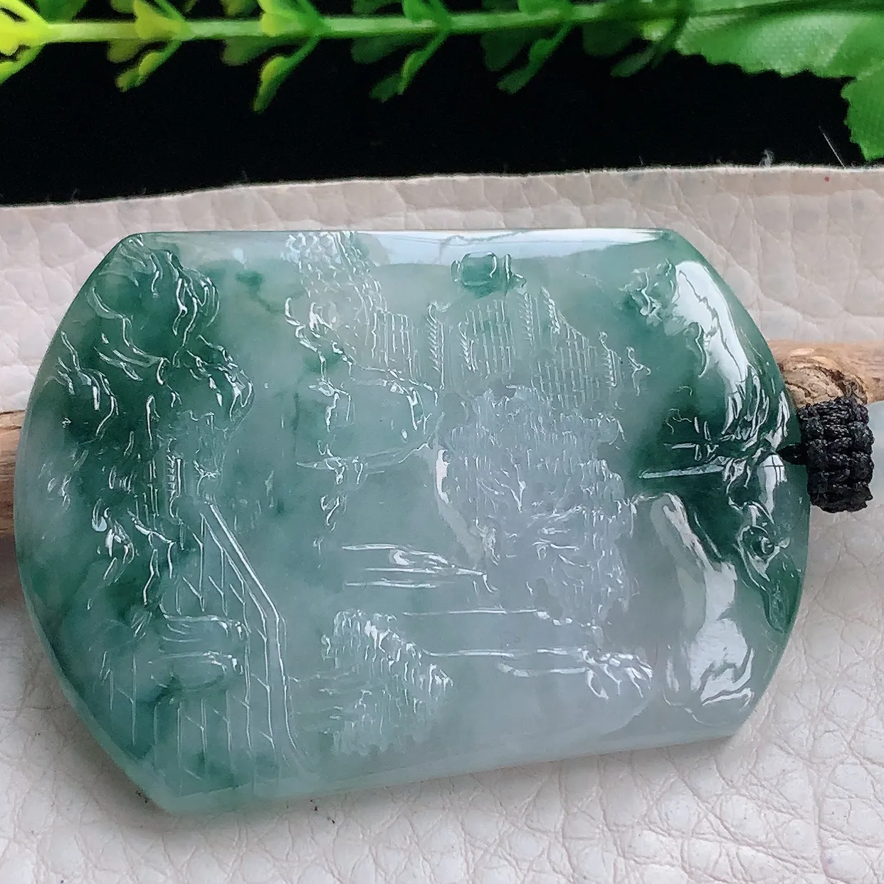 yl实拍54.2*40.6*6.2缅甸翡翠圆冰透蓝花山水牌项坠男款招财项链