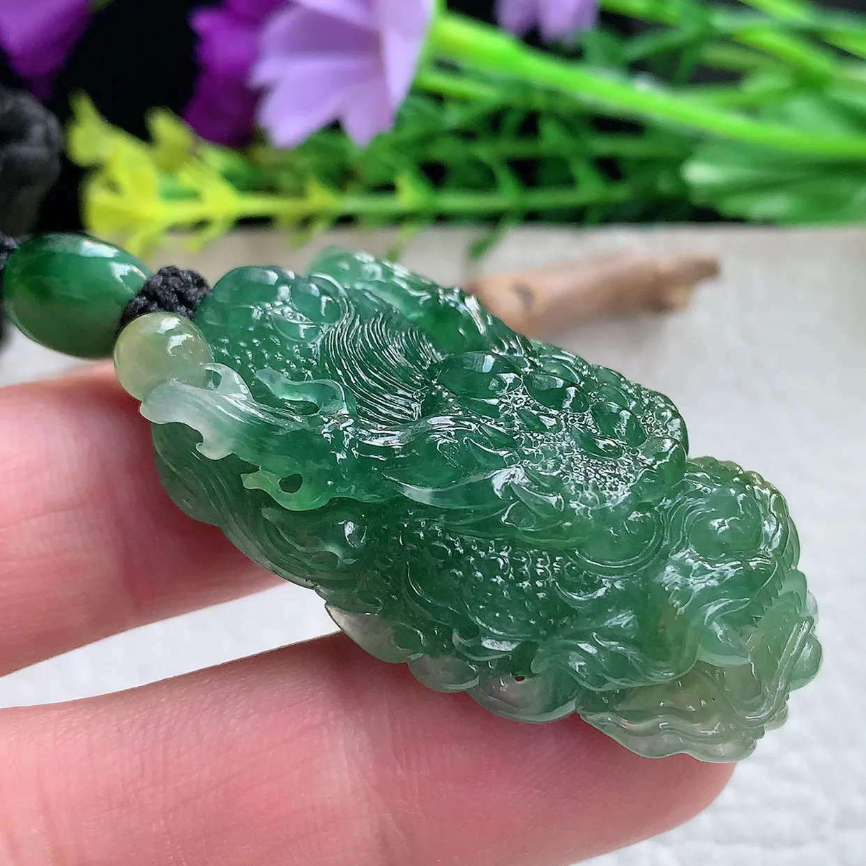 yl实拍48.5*28.5*16.5缅甸翡翠圆冰透龙头玉坠厚装精雕霸气龙牌项坠