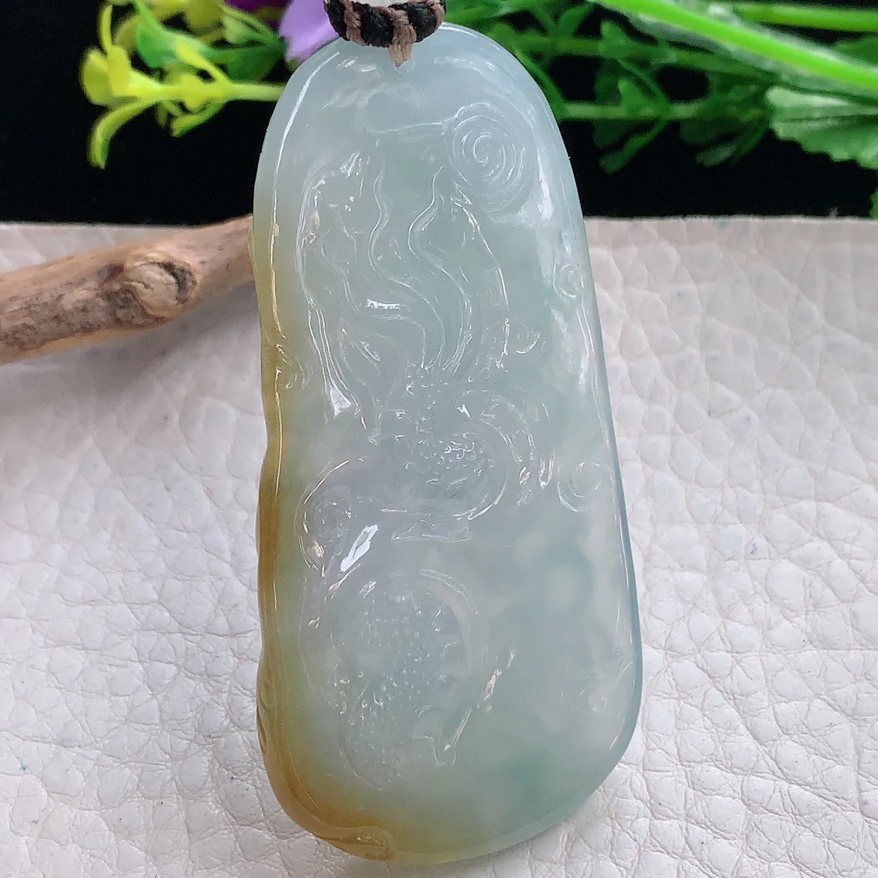 yl实拍61.8*31*7缅甸翡翠圆冰透双彩龙牌吊坠